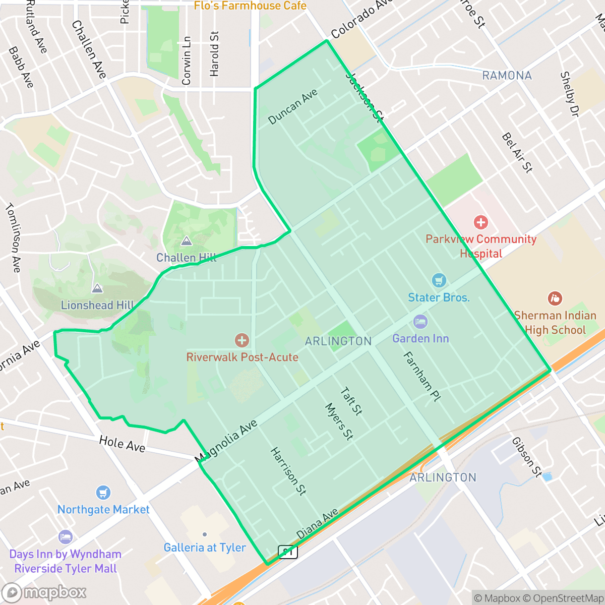 Map showing the location of Arlington, Riverside, CA