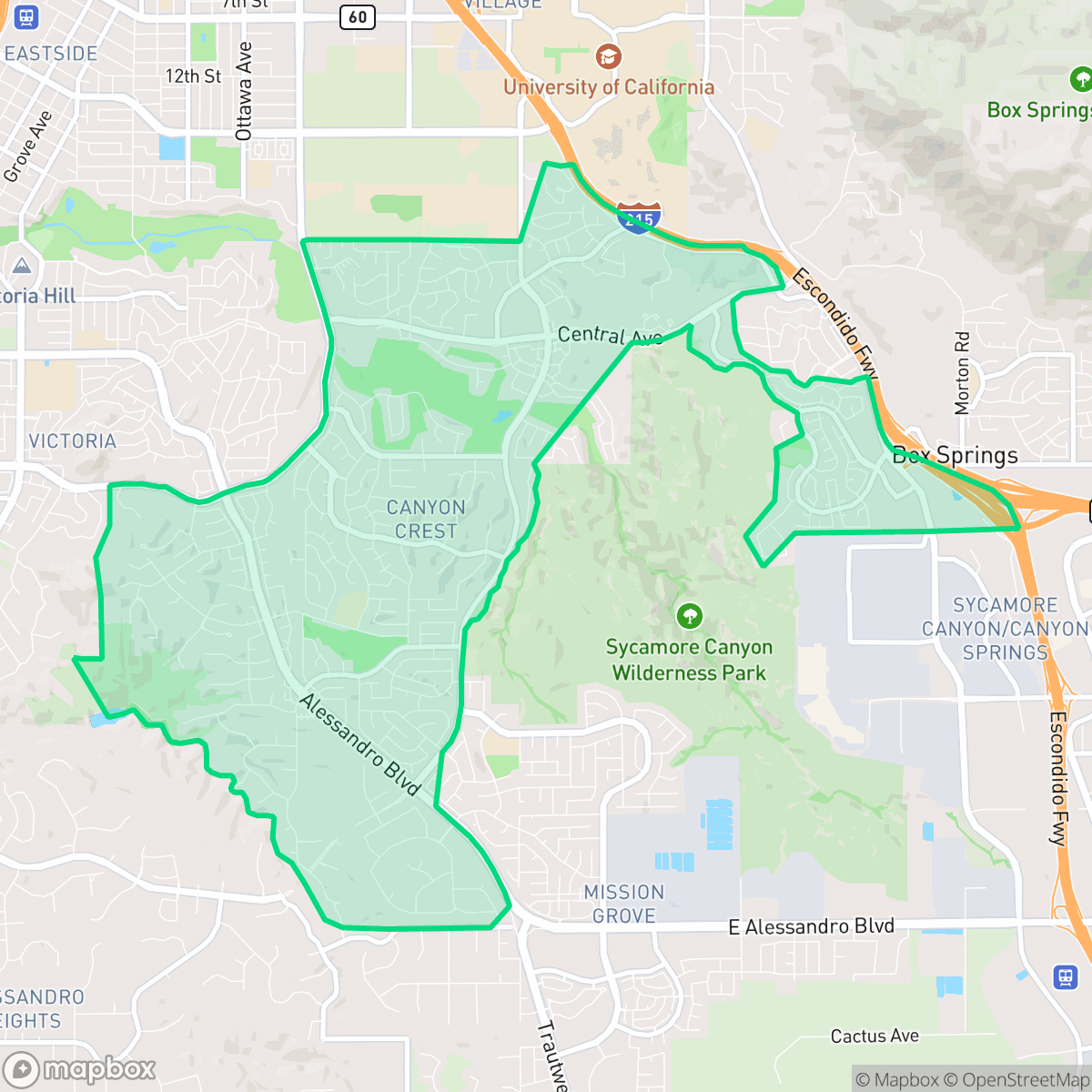 Map showing the location of Canyon Crest, Riverside, CA