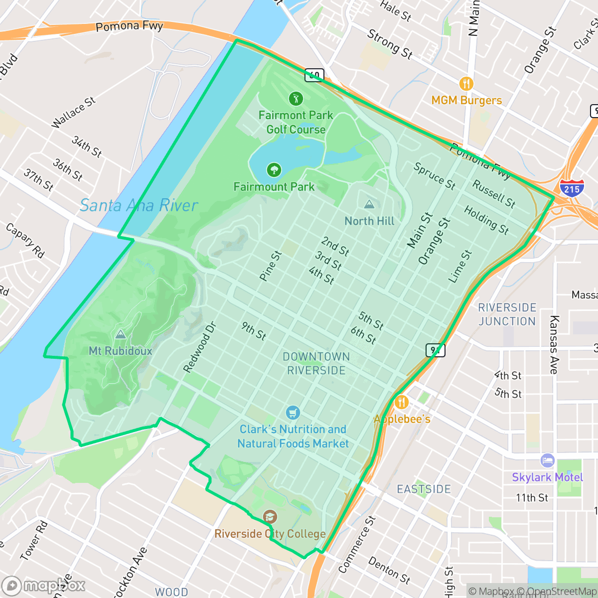 Map showing the location of Downtown, Riverside, CA