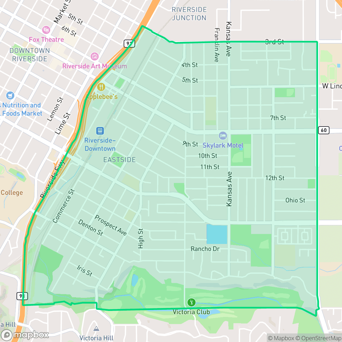 Map showing the location of Eastside, Riverside, CA