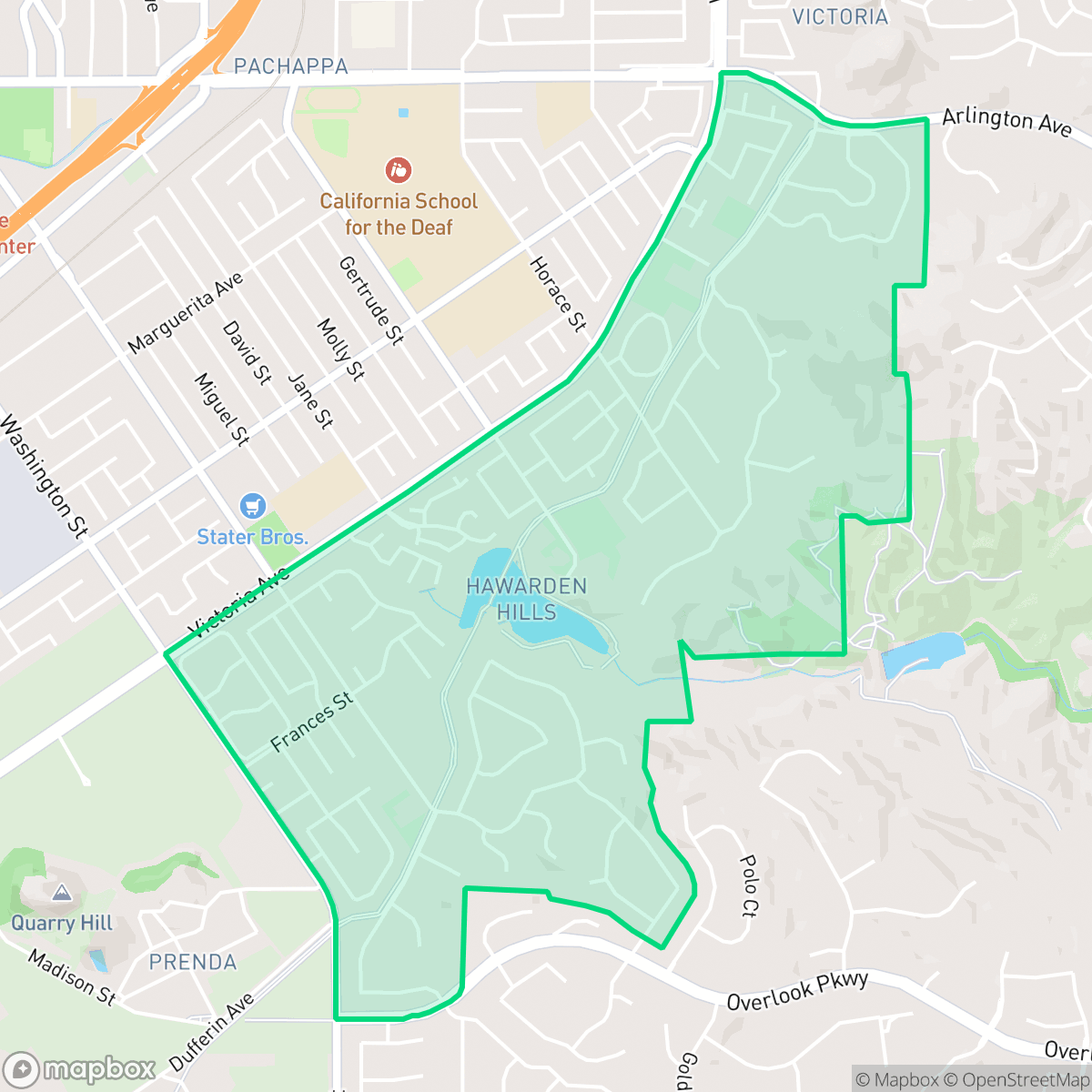 Map showing the location of Hawarden Hills, Riverside, CA