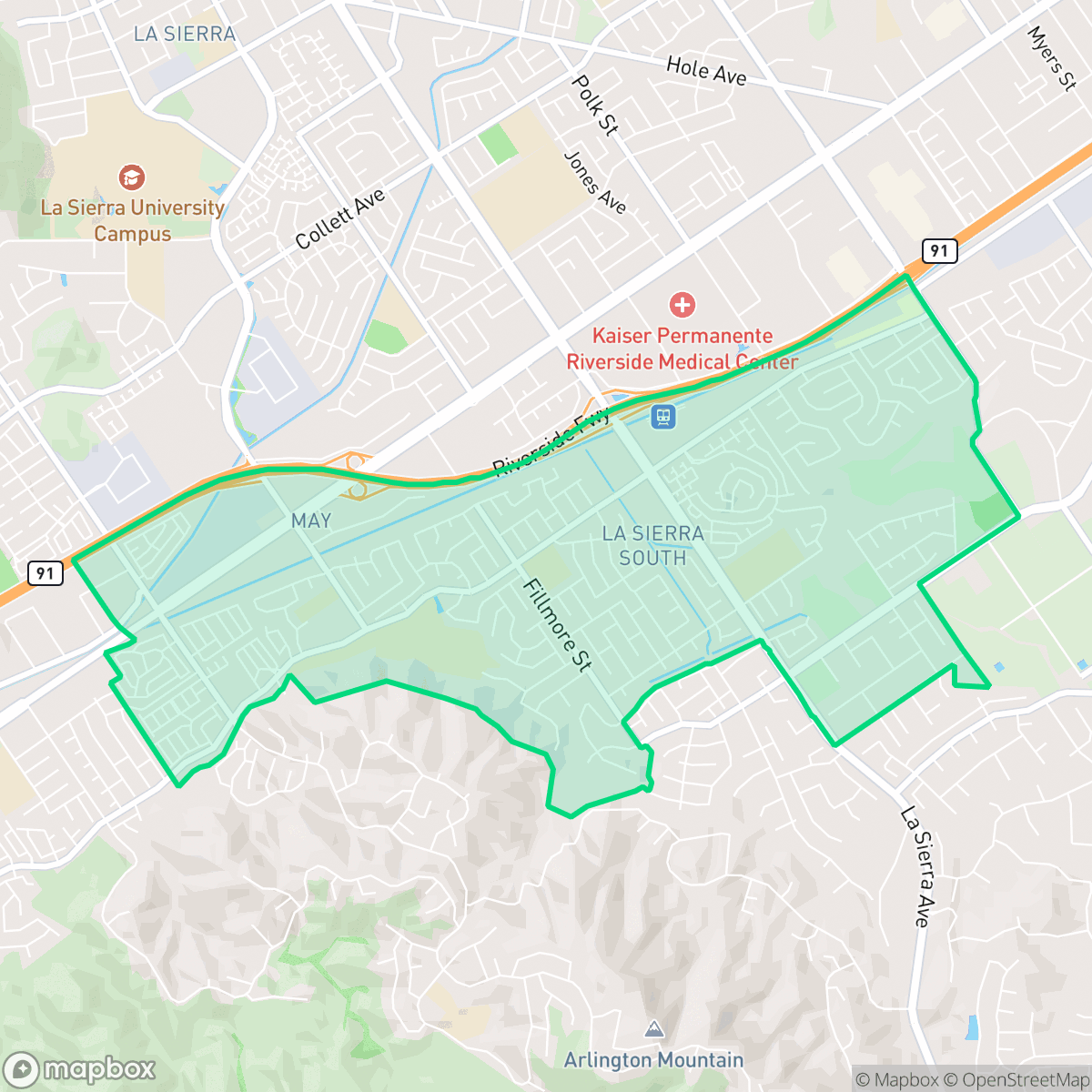 Map showing the location of La Sierra South, Riverside, CA