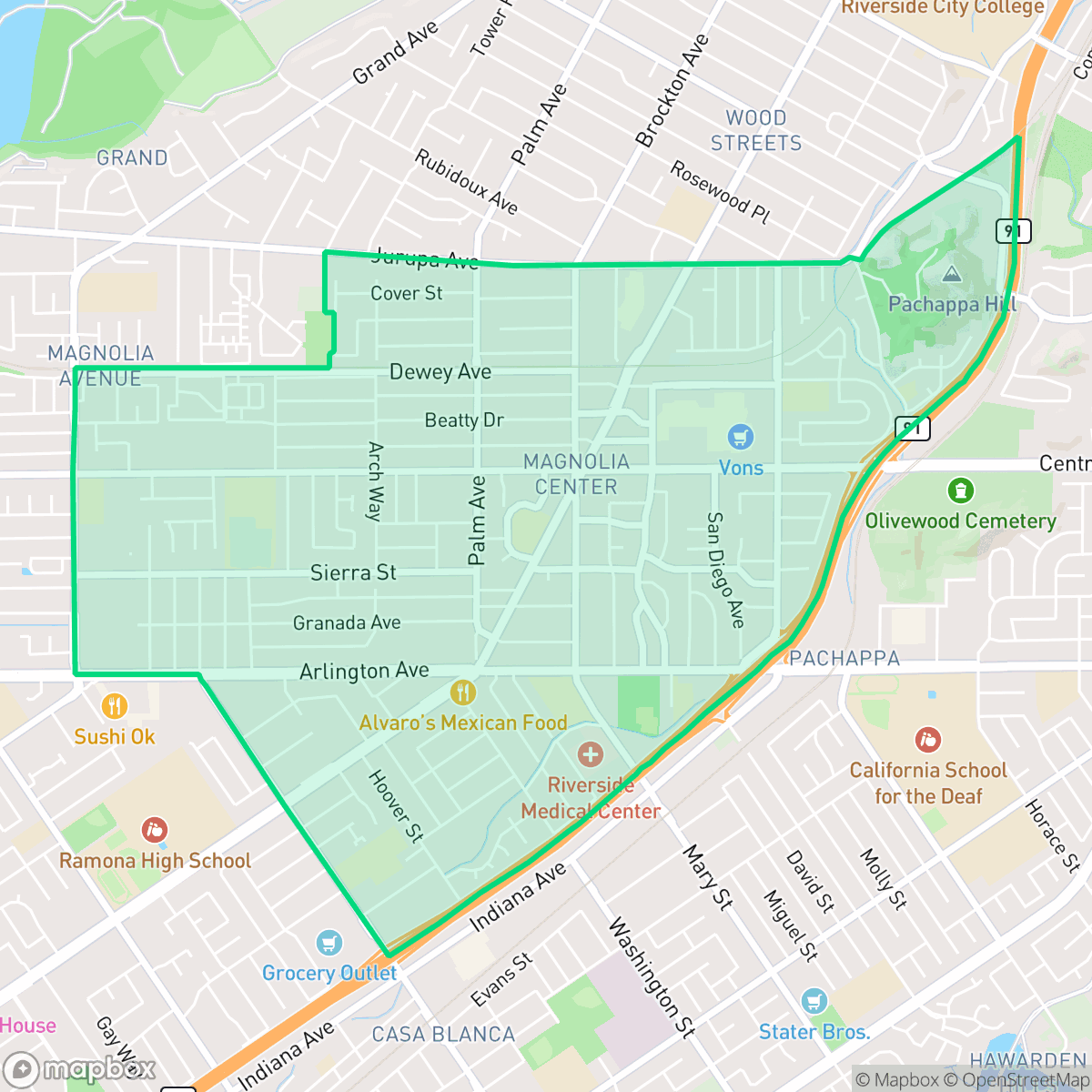 Map showing the location of Magnolia Center, Riverside, CA