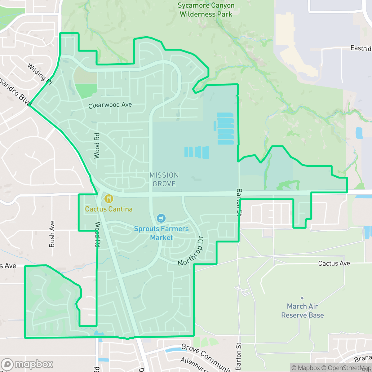 Map showing the location of Mission Grove, Riverside, CA