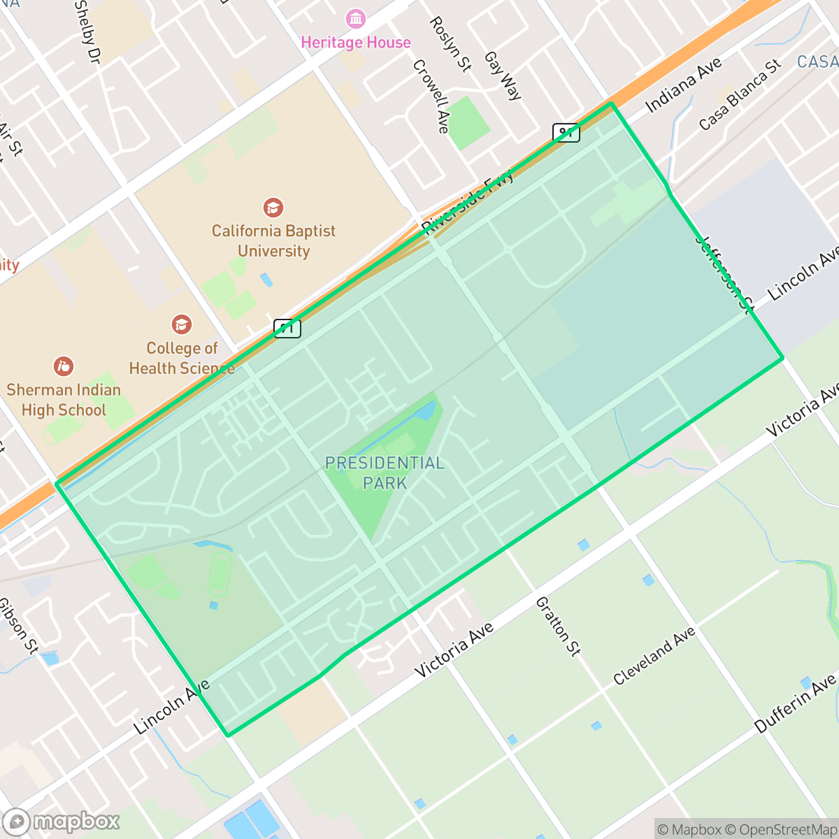Map showing the location of Presidential Park, Riverside, CA