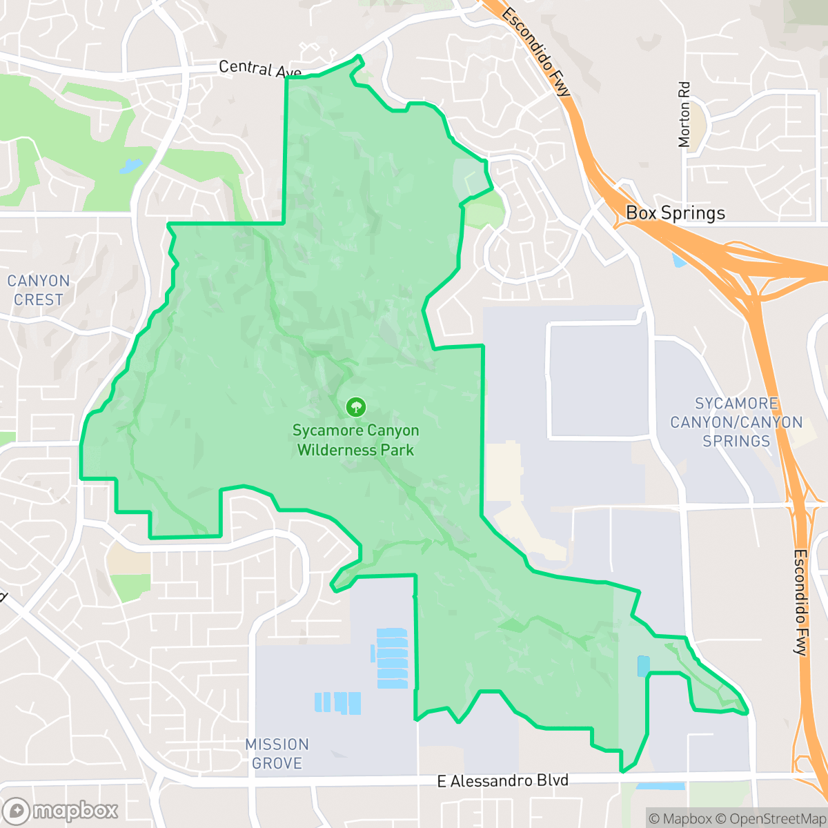 Map showing the location of Sycamore Canyon Park, Riverside, CA