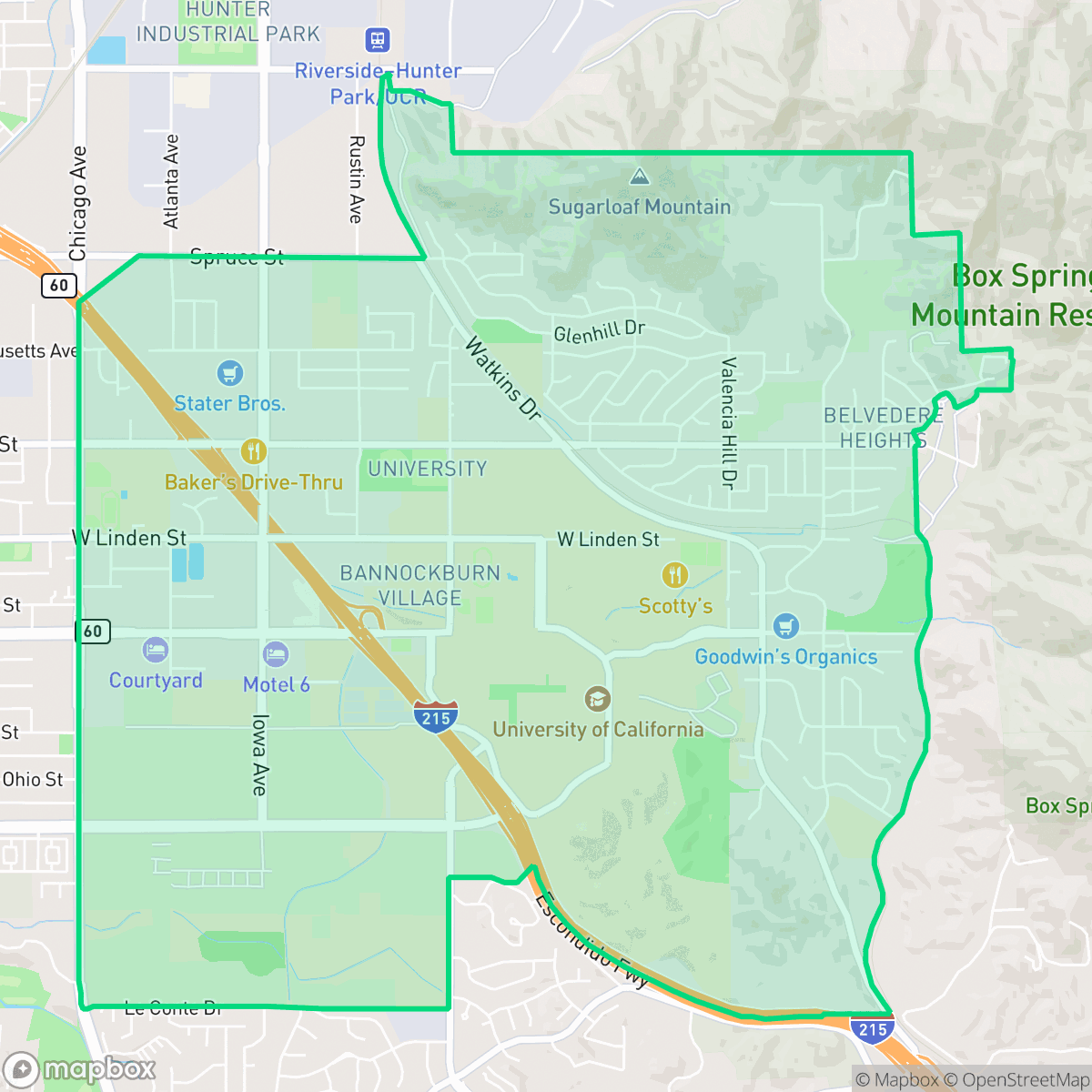 Map showing the location of University, Riverside, CA