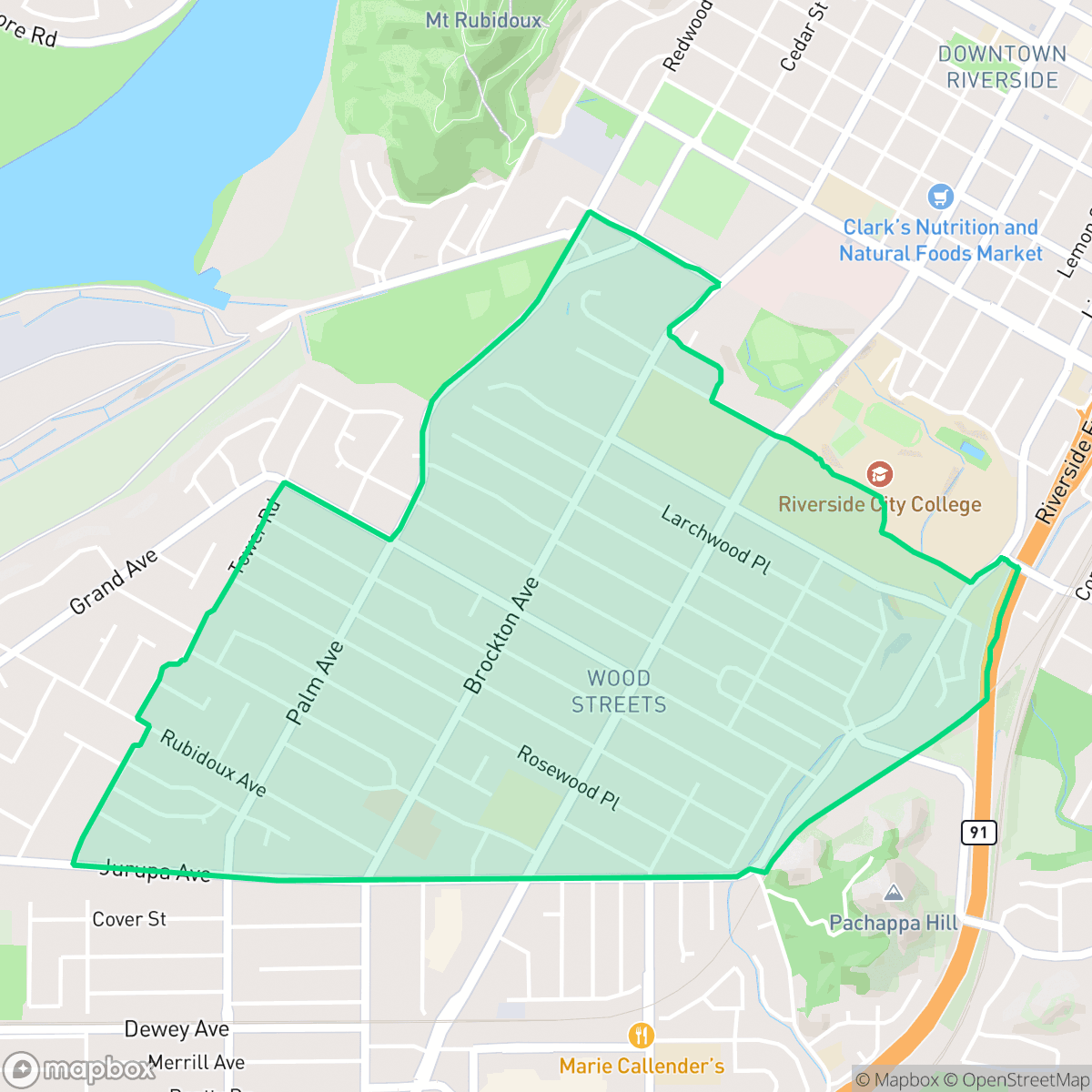 Map showing the location of Wood Streets, Riverside, CA