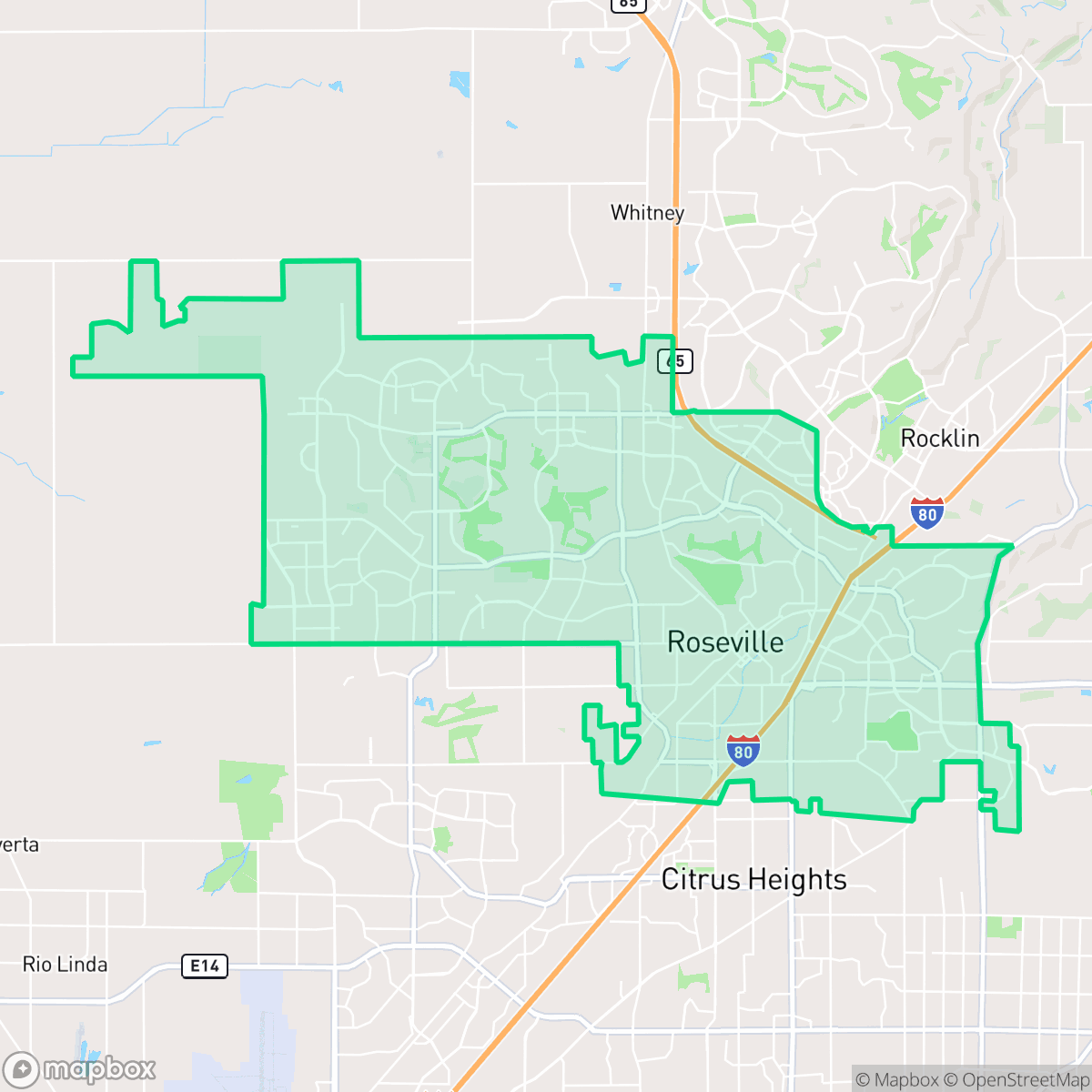 Map showing the location of Roseville, CA — coverage area