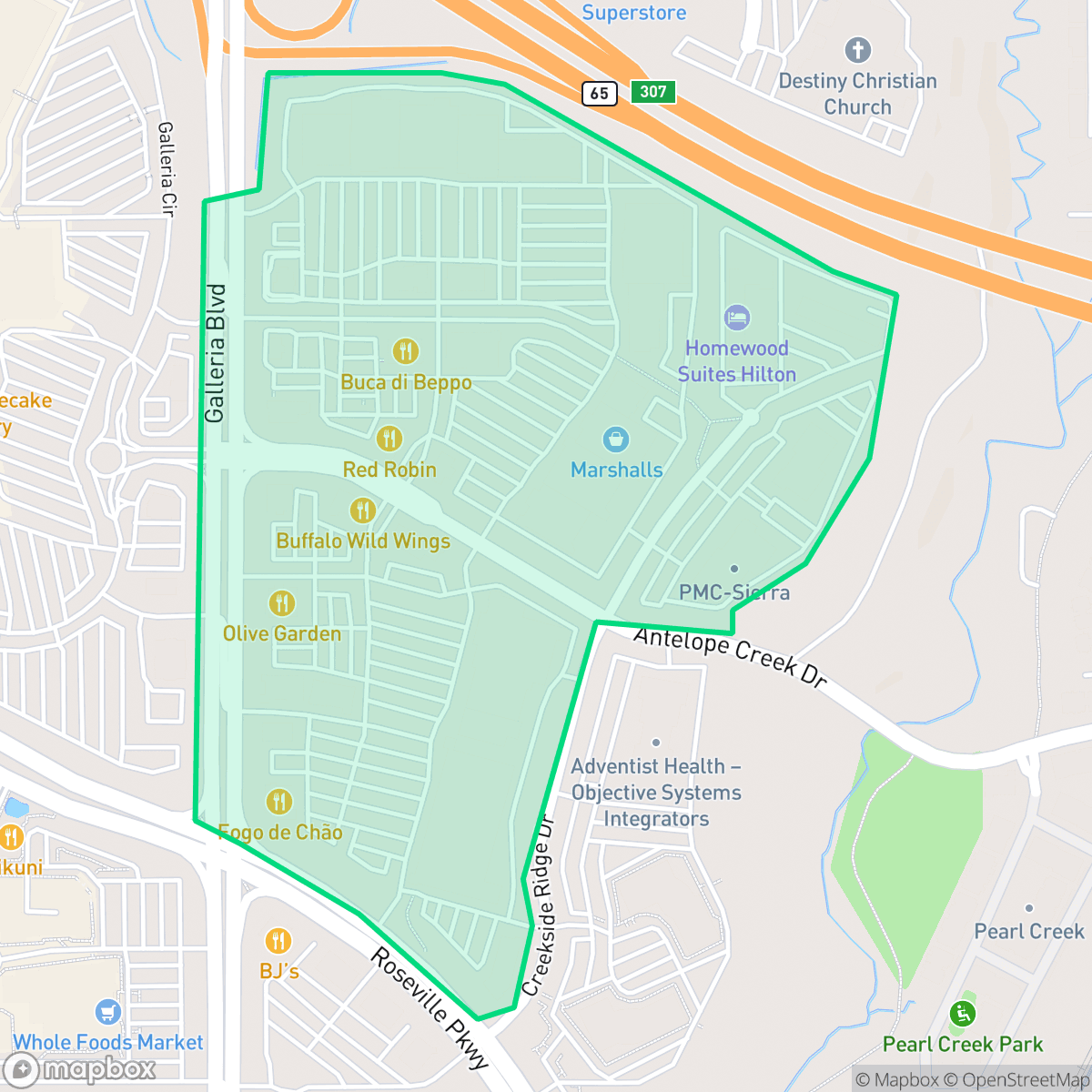 Map showing the location of Creekside, Roseville, CA