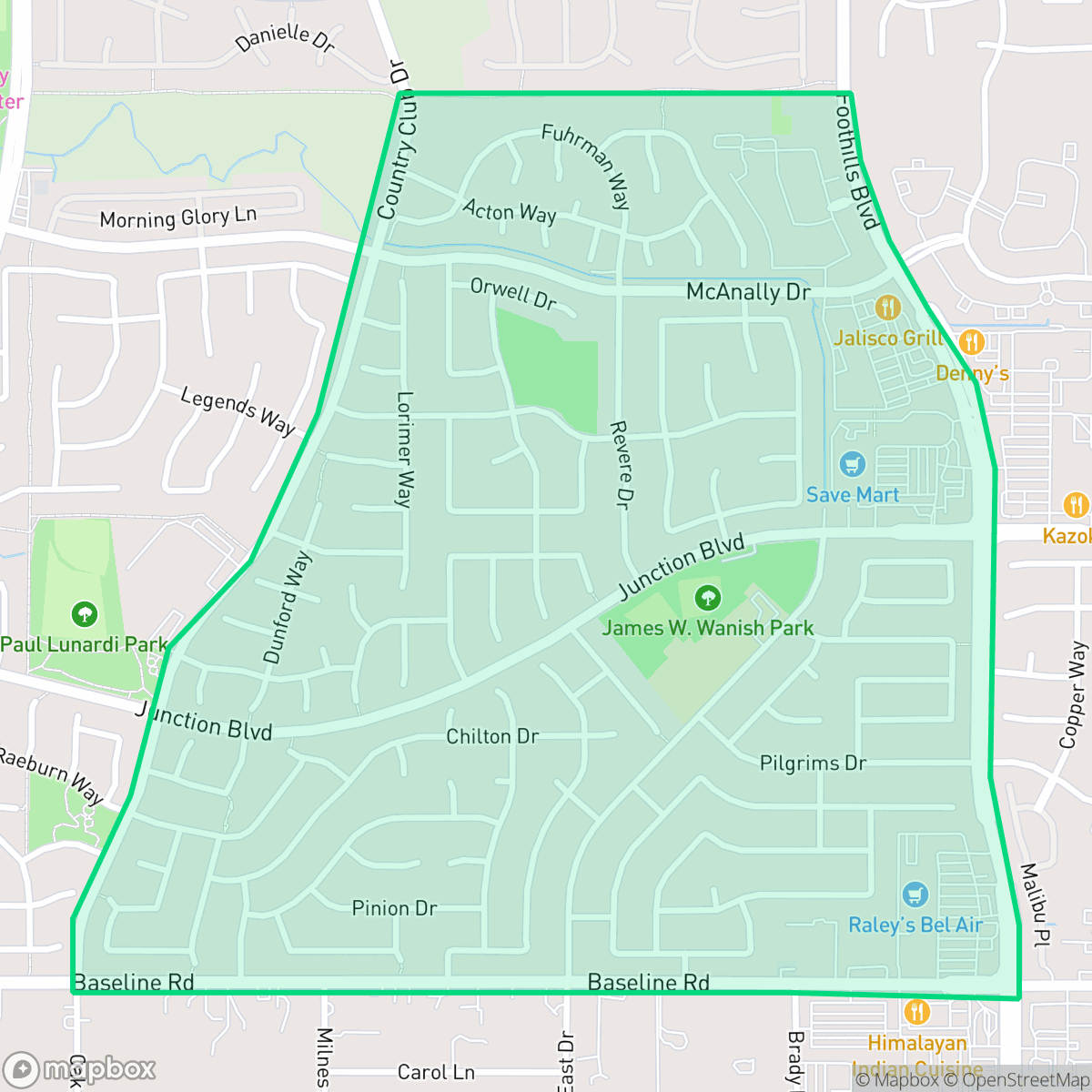 Map showing the location of Foothills Junction, Roseville, CA