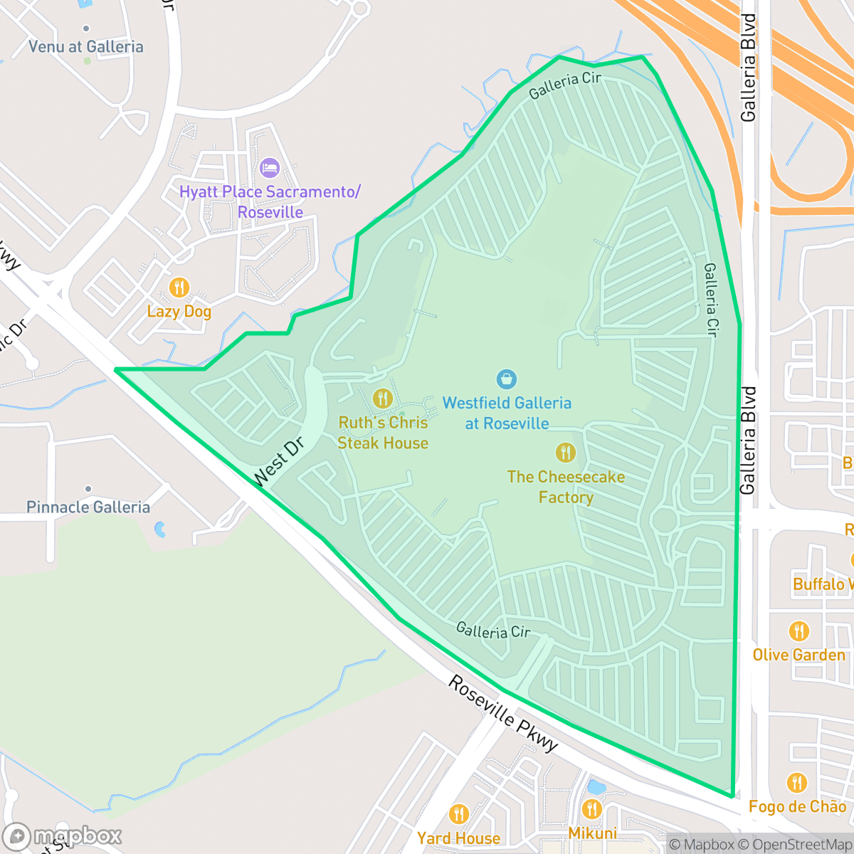 Map showing the location of Galleria, Roseville, CA