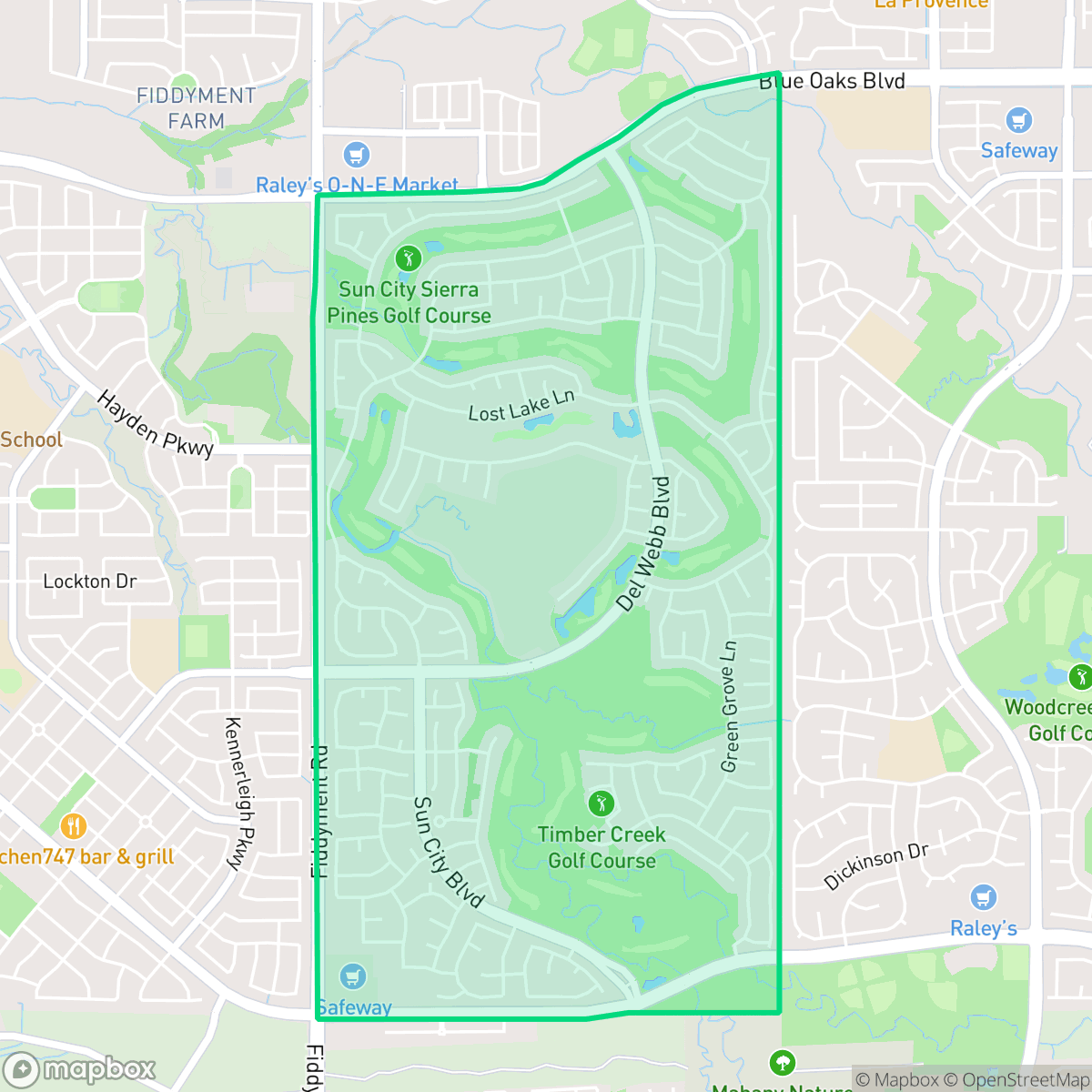 Map showing the location of Sun City, Roseville, CA
