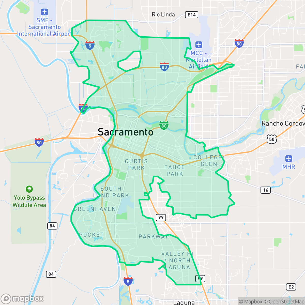 Map showing the location of Sacramento, CA — coverage area