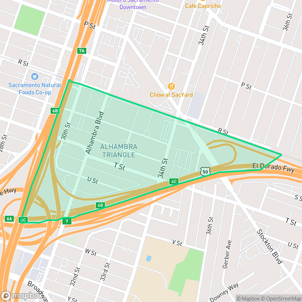 Map showing the location of Alhambra Triangle, Sacramento, CA