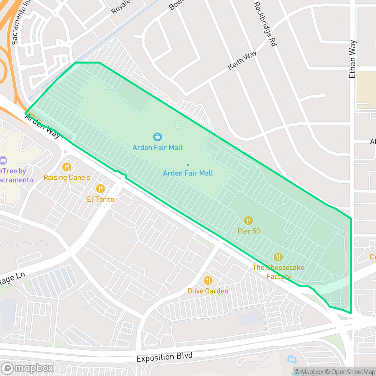 Map showing the location of Arden Fair, Sacramento, CA