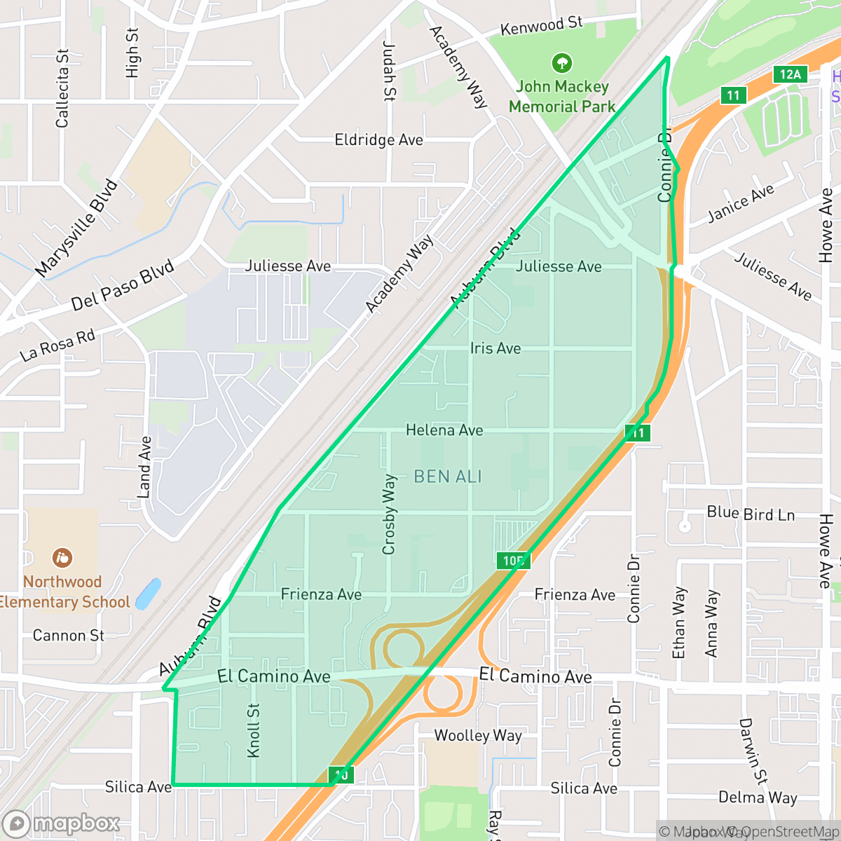 Map showing the location of Ben Ali, Sacramento, CA