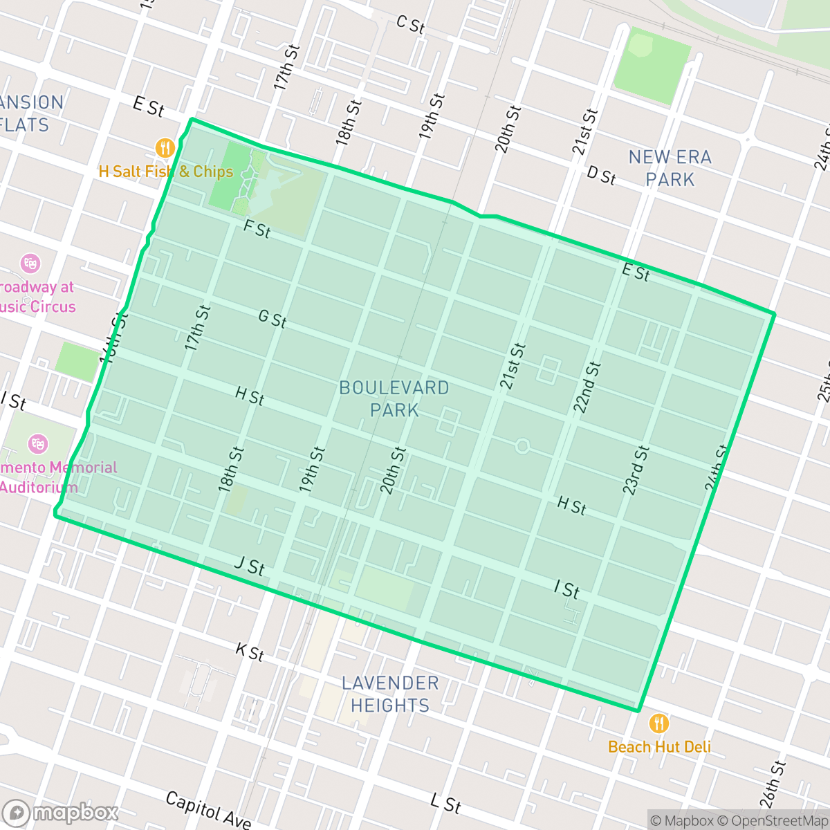 Map showing the location of Boulevard Park, Sacramento, CA