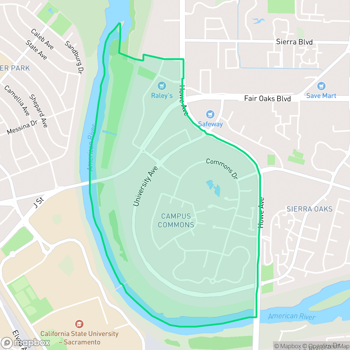 Map showing the location of Campus Commons, Sacramento, CA