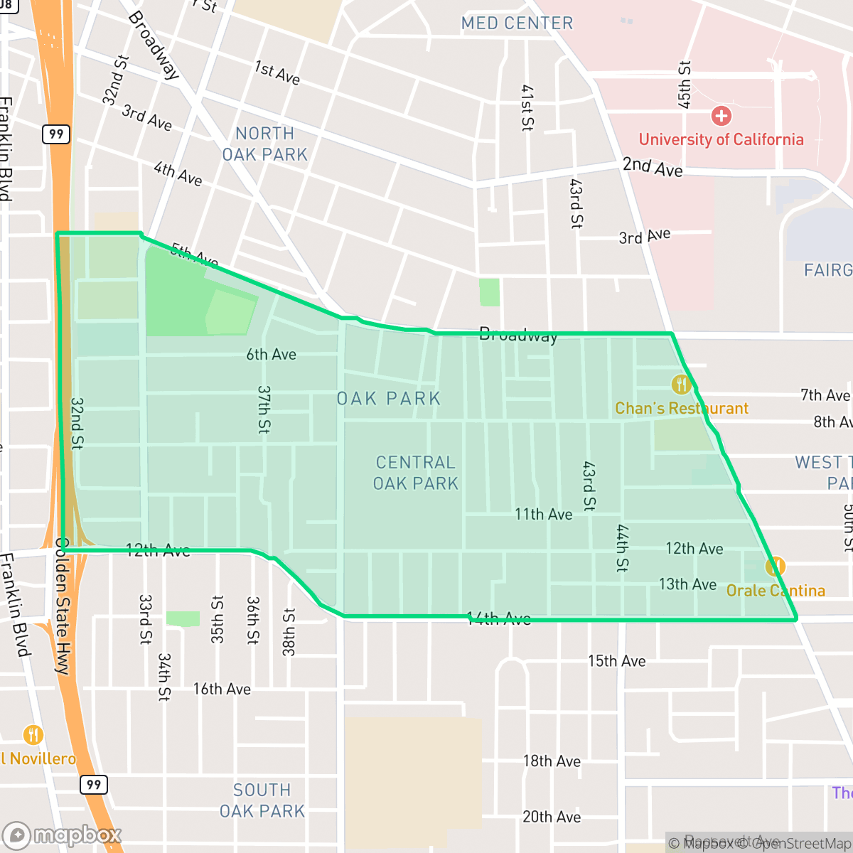 Map showing the location of Central Oak Park, Sacramento, CA