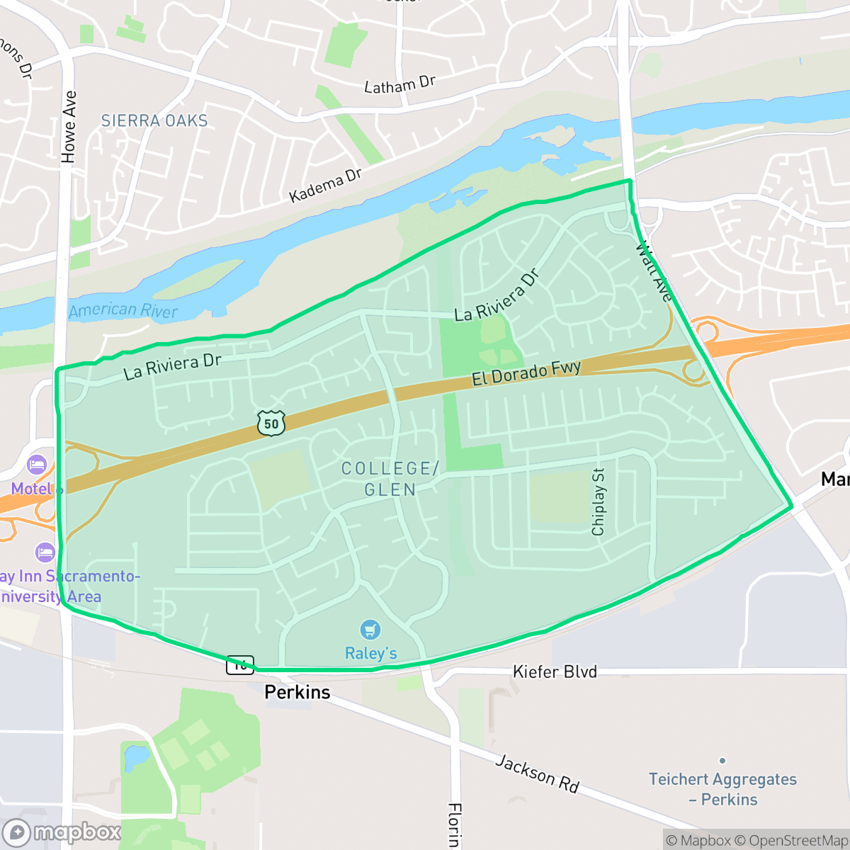 Map showing the location of College-Glen, Sacramento, CA