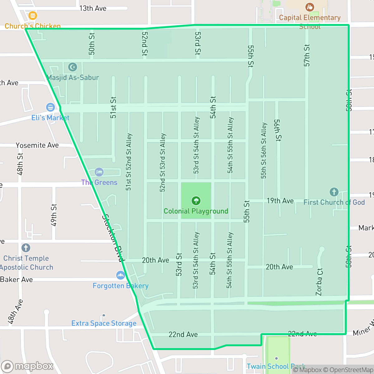 Map showing the location of Colonial Heights, Sacramento, CA