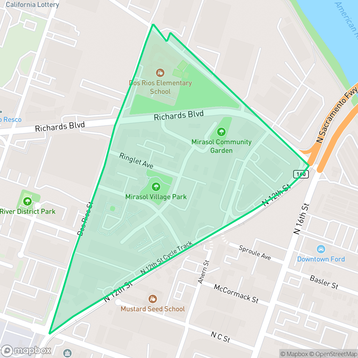 Map showing the location of Dos Rios Triangle, Sacramento, CA