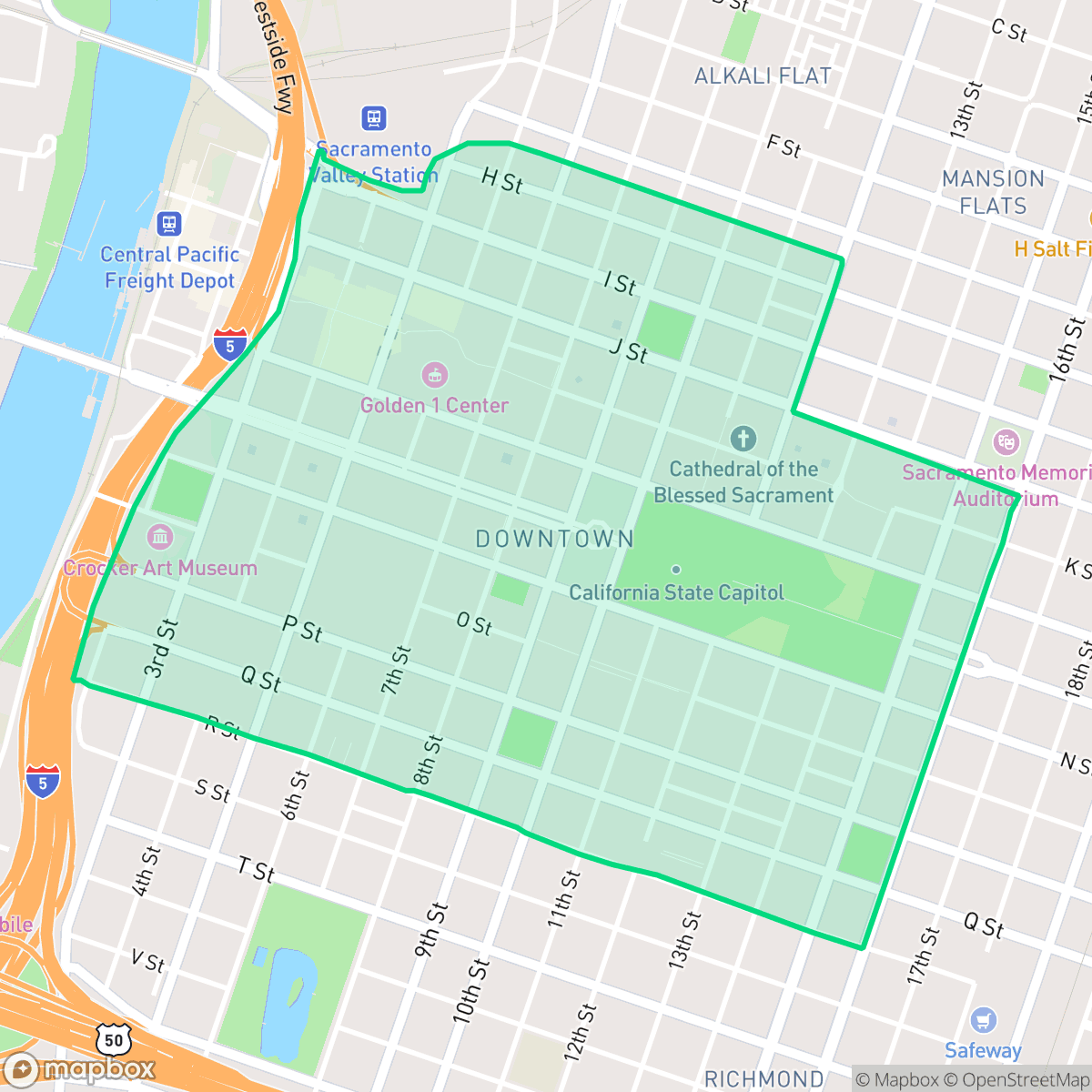 Map showing the location of Downtown, Sacramento, CA