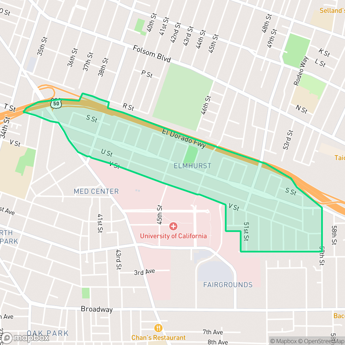 Map showing the location of Elmhurst, Sacramento, CA