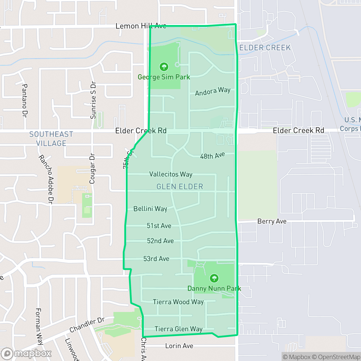 Map showing the location of Glen Elder, Sacramento, CA