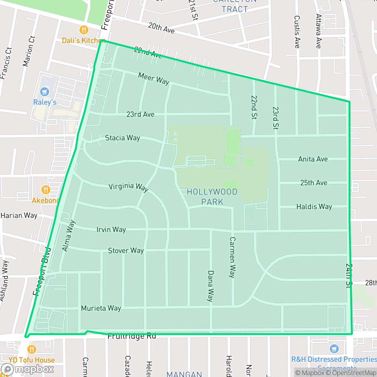 Map showing the location of Hollywood Park, Sacramento, CA