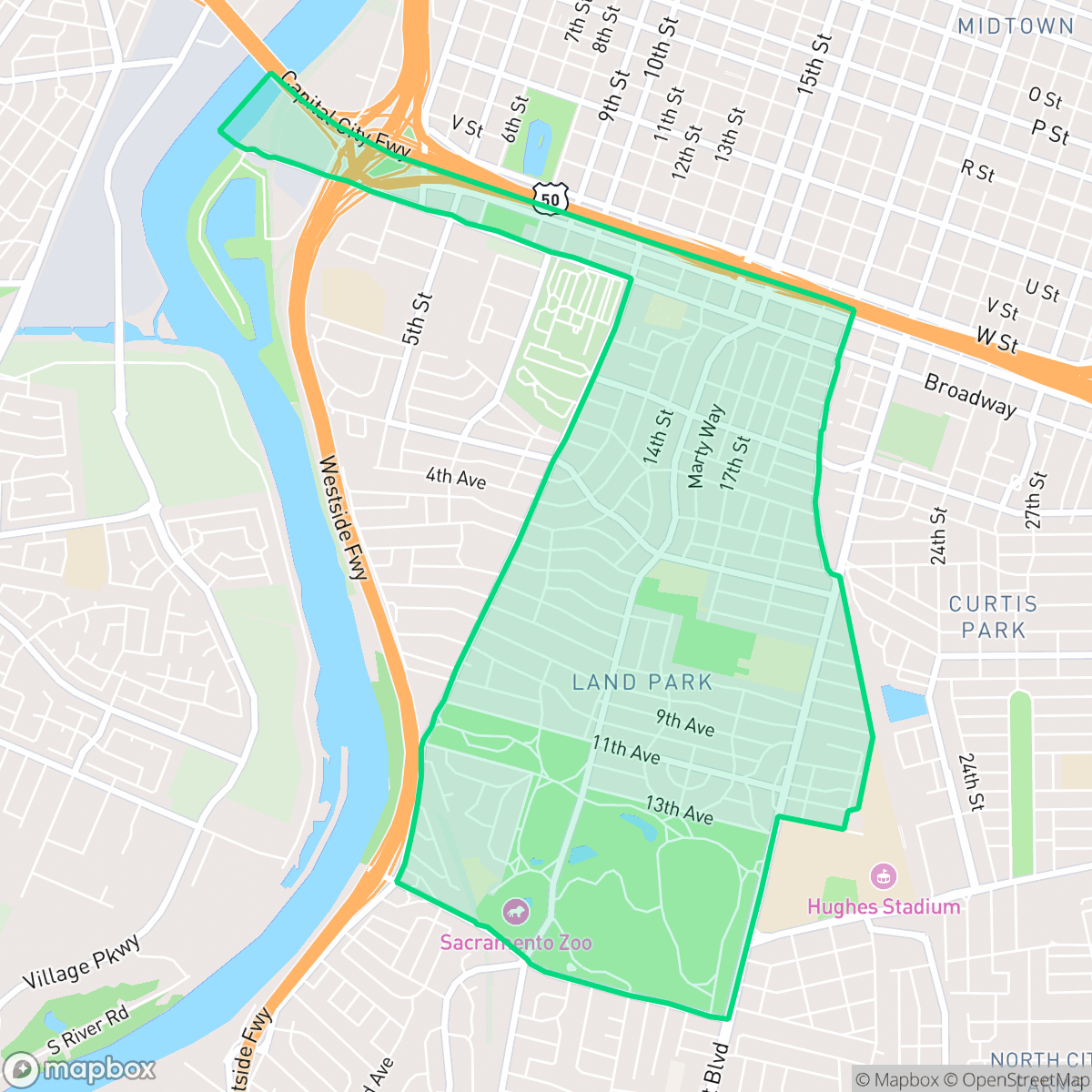 Map showing the location of Land Park, Sacramento, CA