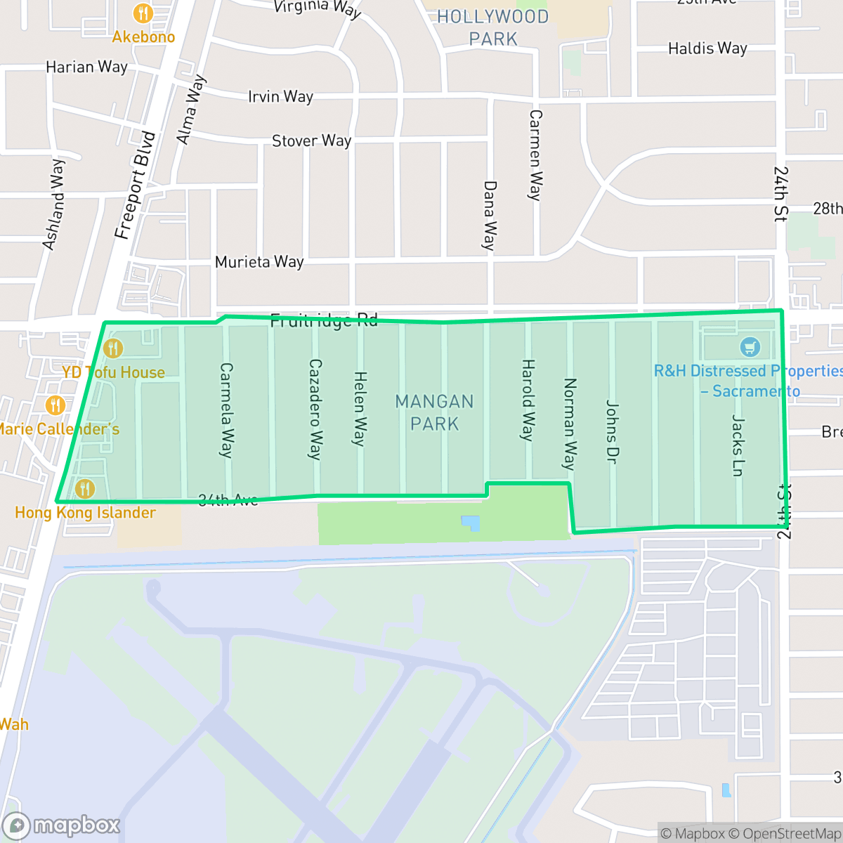 Map showing the location of Mangan Park, Sacramento, CA