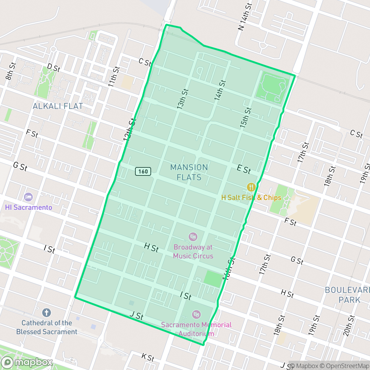Map showing the location of Mansion Flats, Sacramento, CA