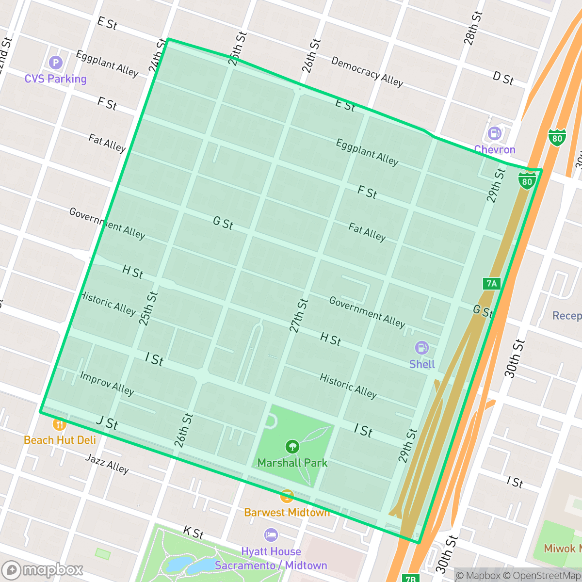 Map showing the location of Marshall School, Sacramento, CA