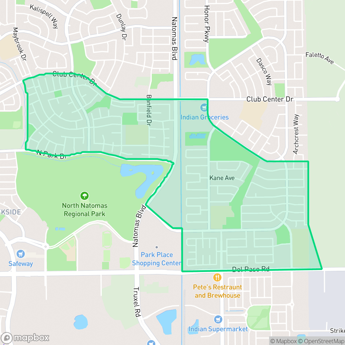 Map showing the location of Natomas Park, Sacramento, CA