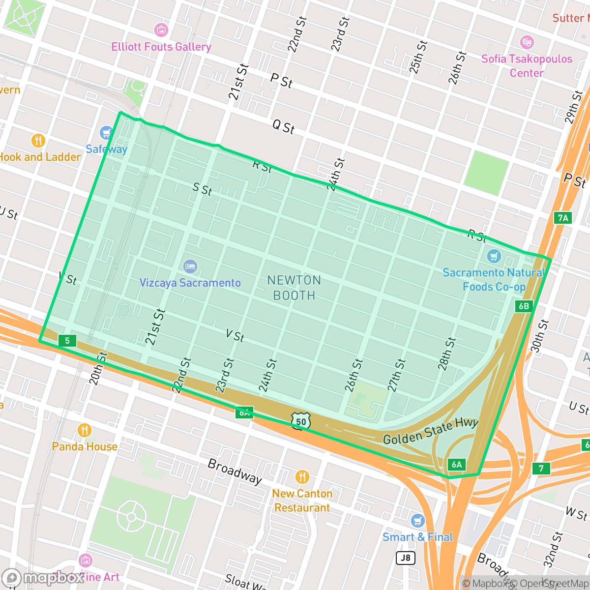 Map showing the location of Newton Booth, Sacramento, CA