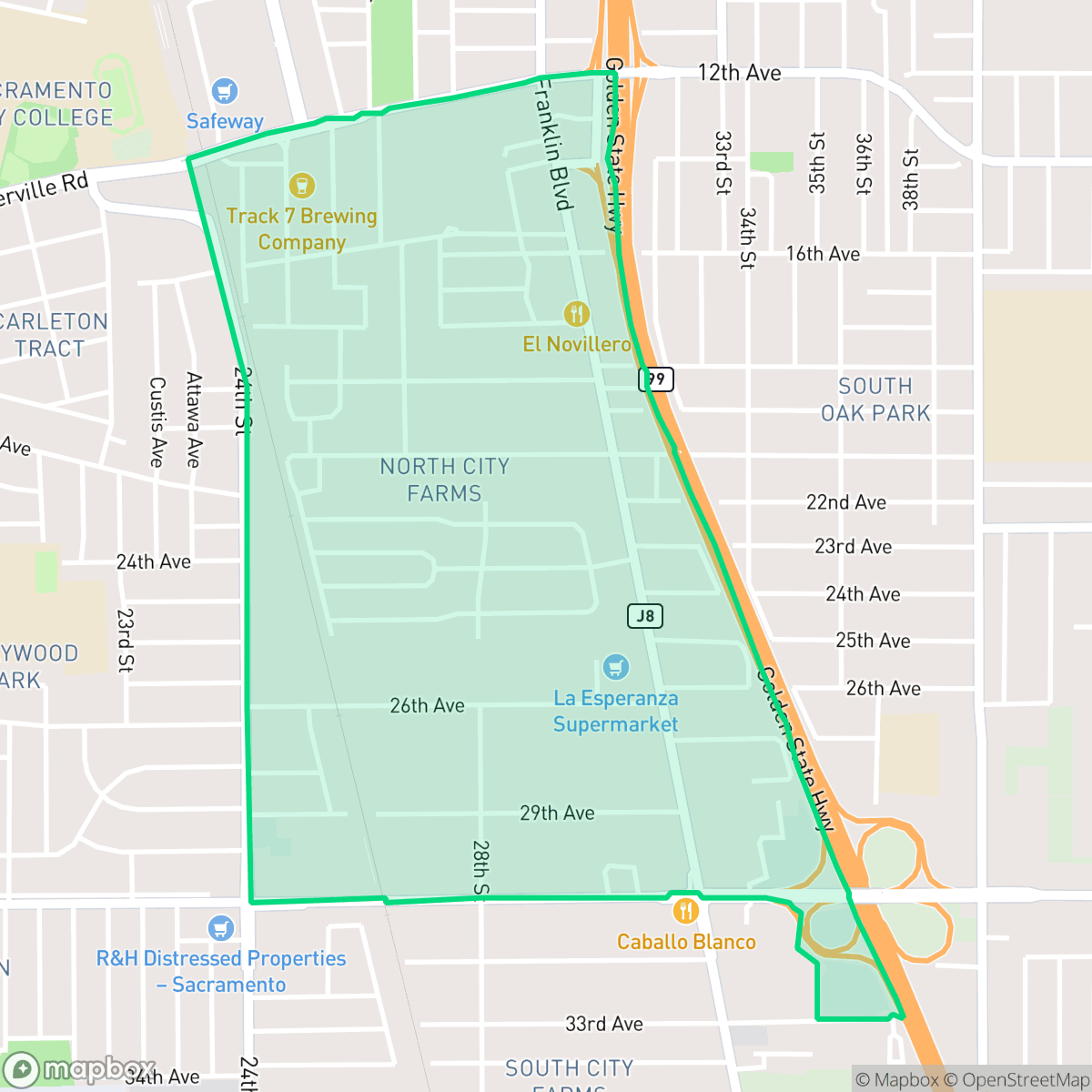 Map showing the location of North City Farms, Sacramento, CA