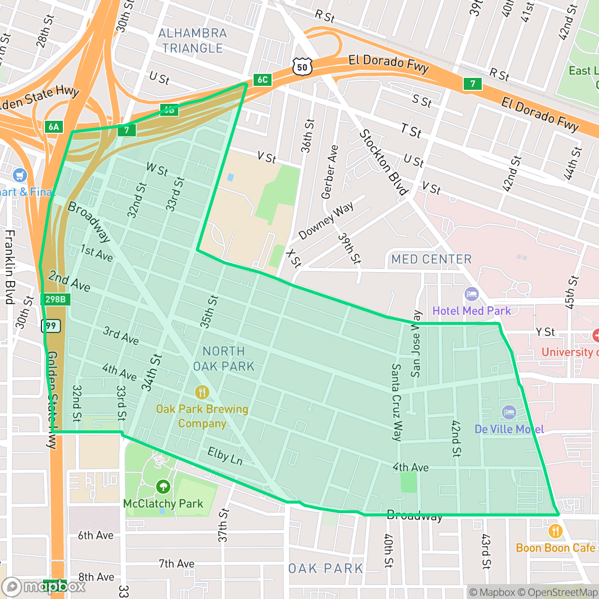 Map showing the location of North Oak Park, Sacramento, CA