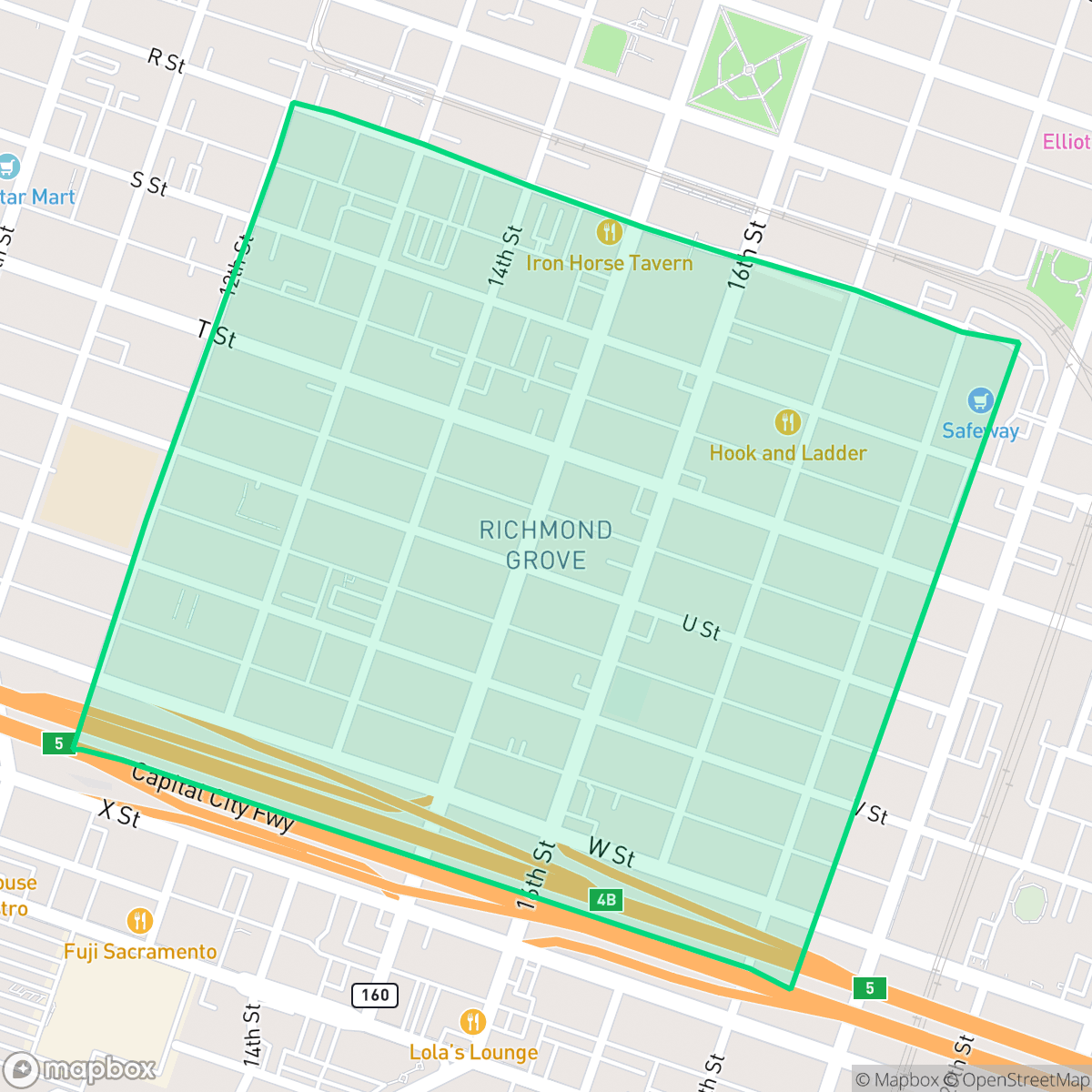 Map showing the location of Richmond Grove, Sacramento, CA