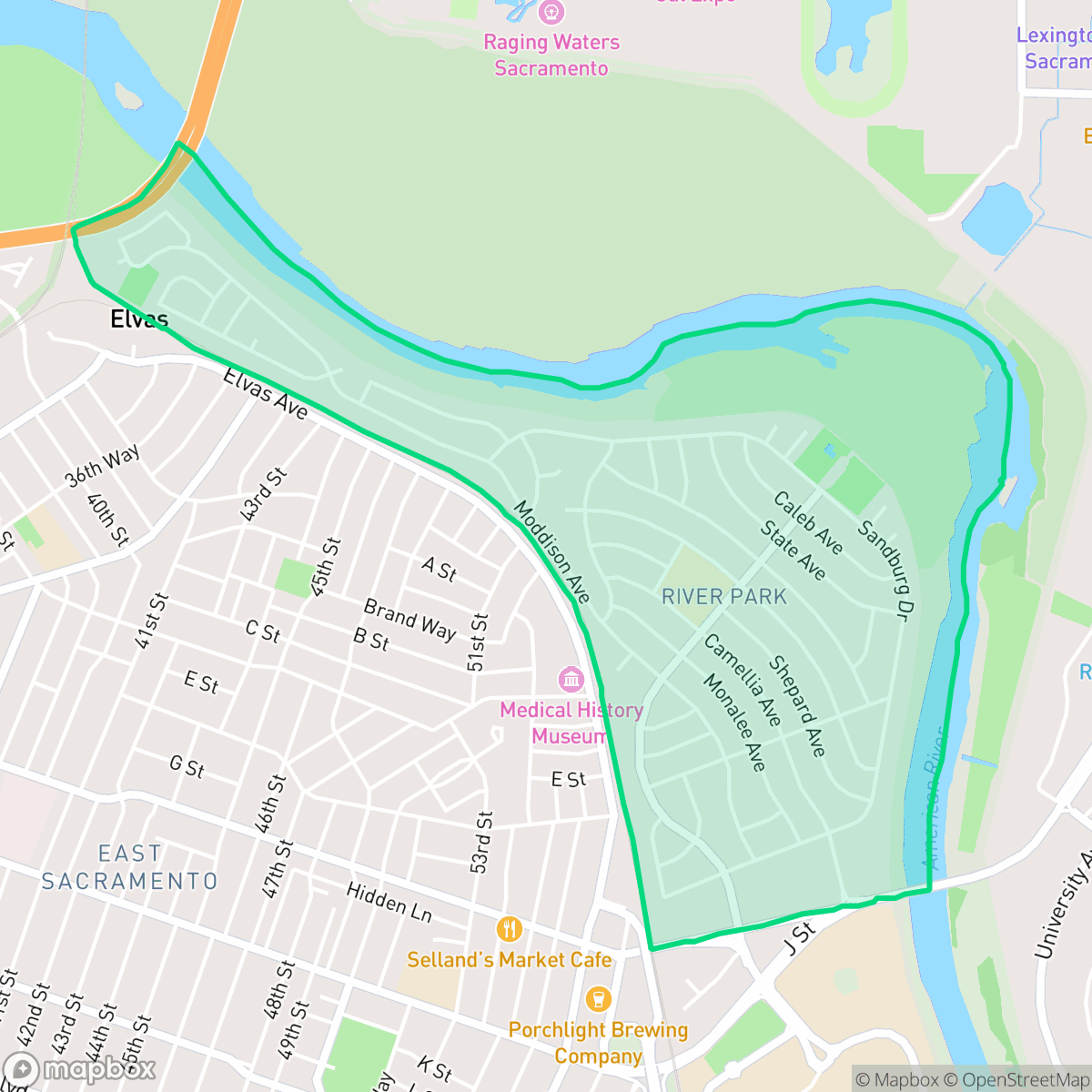 Map showing the location of River Park, Sacramento, CA