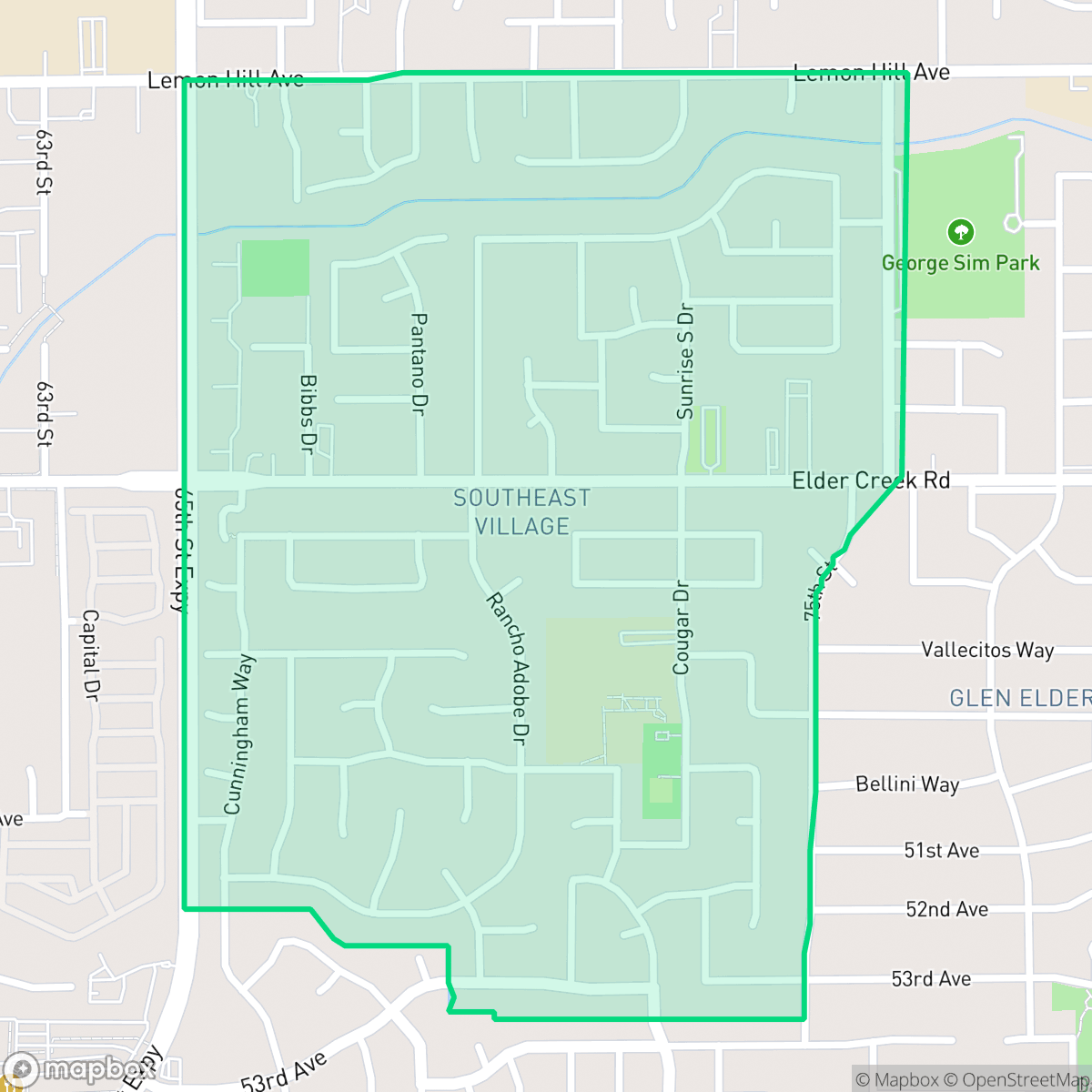 Map showing the location of Southeast Village, Sacramento, CA