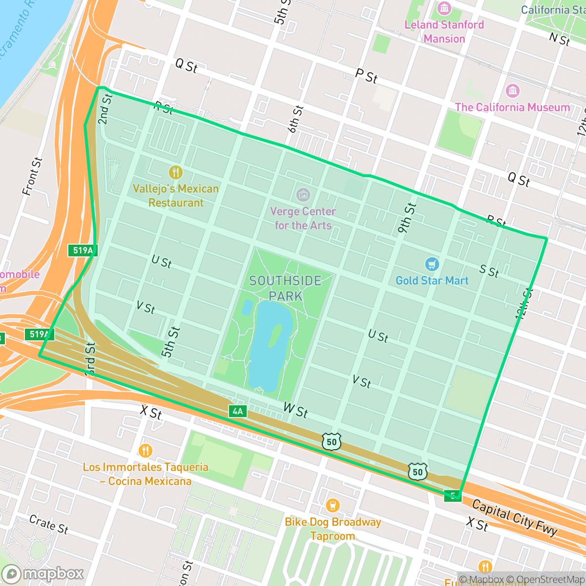 Map showing the location of Southside Park, Sacramento, CA