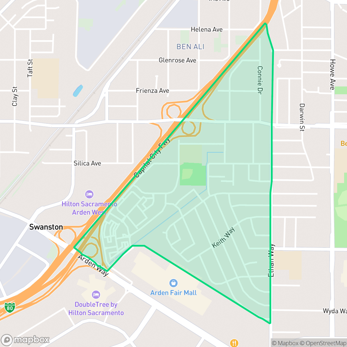 Map showing the location of Swanston Estates, Sacramento, CA