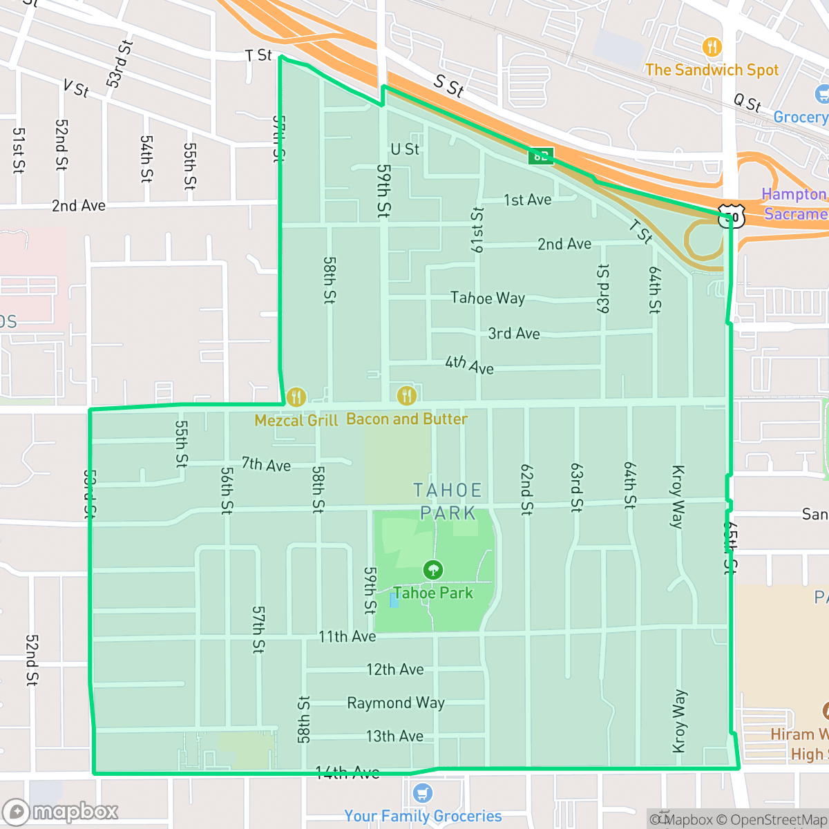 Map showing the location of Tahoe Park, Sacramento, CA