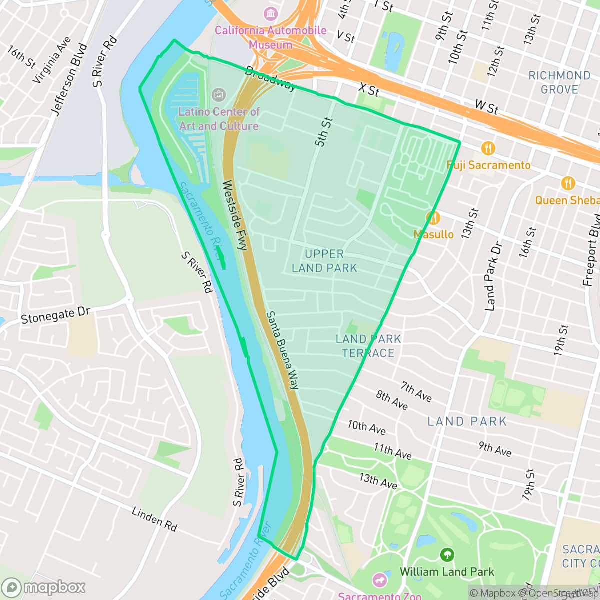 Map showing the location of Upper Land Park, Sacramento, CA