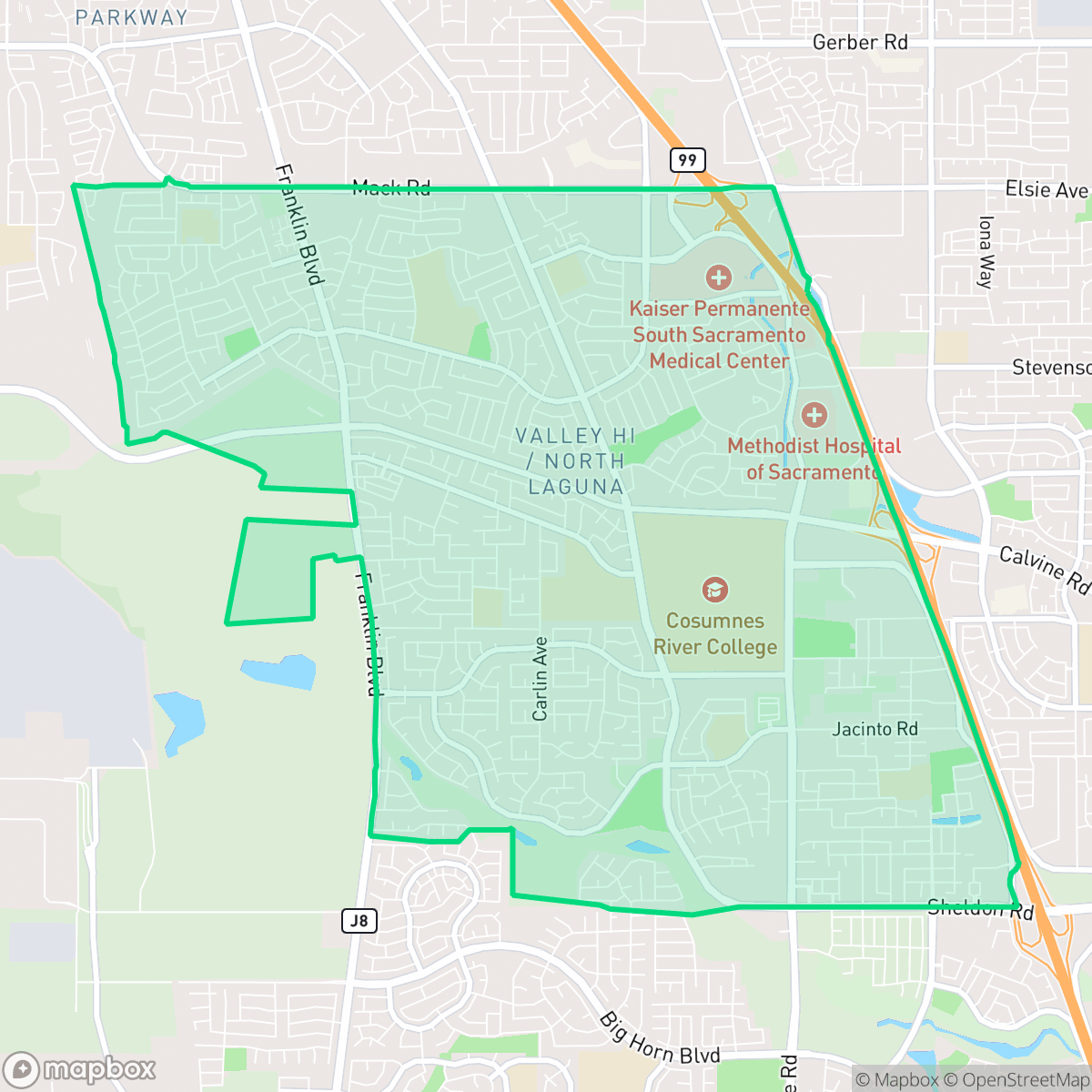 Map showing the location of Valley High-North Laguna, Sacramento, CA