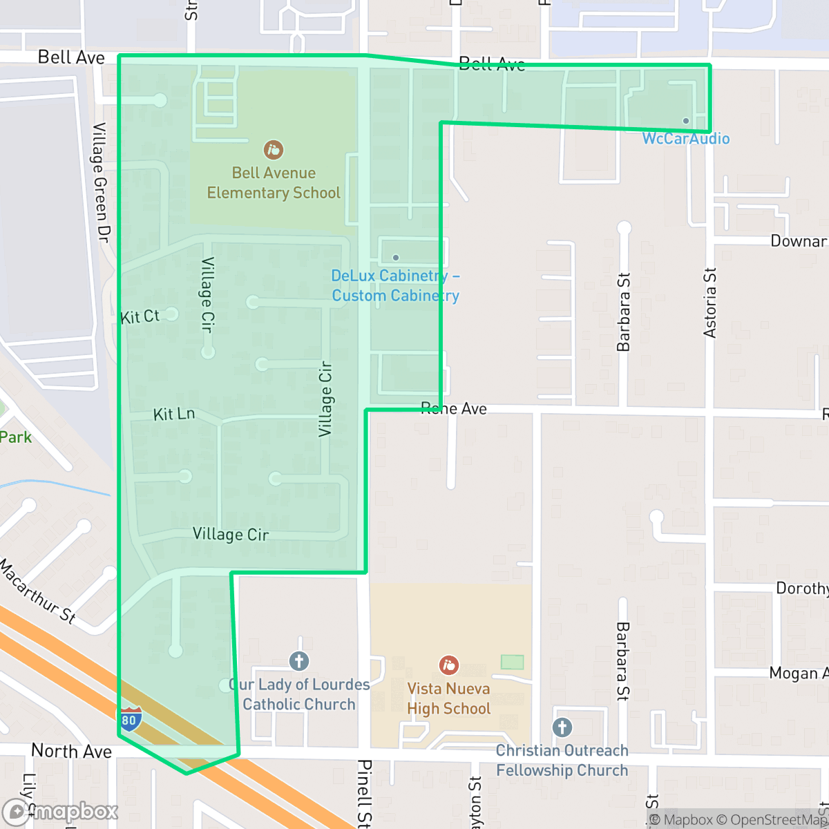 Map showing the location of Village Green, Sacramento, CA