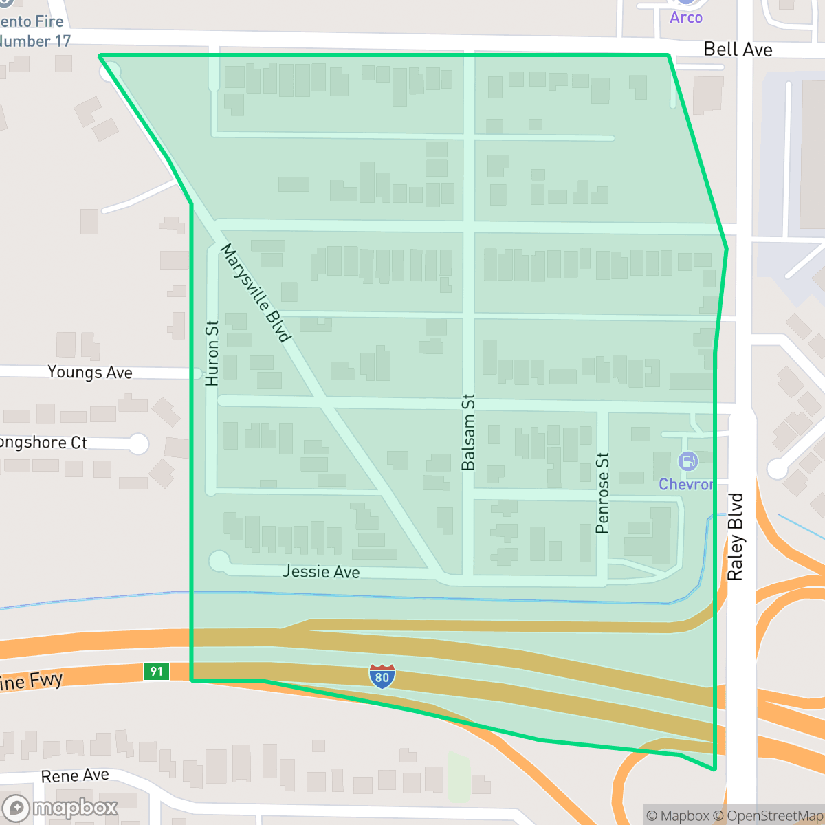Map showing the location of Young Heights, Sacramento, CA