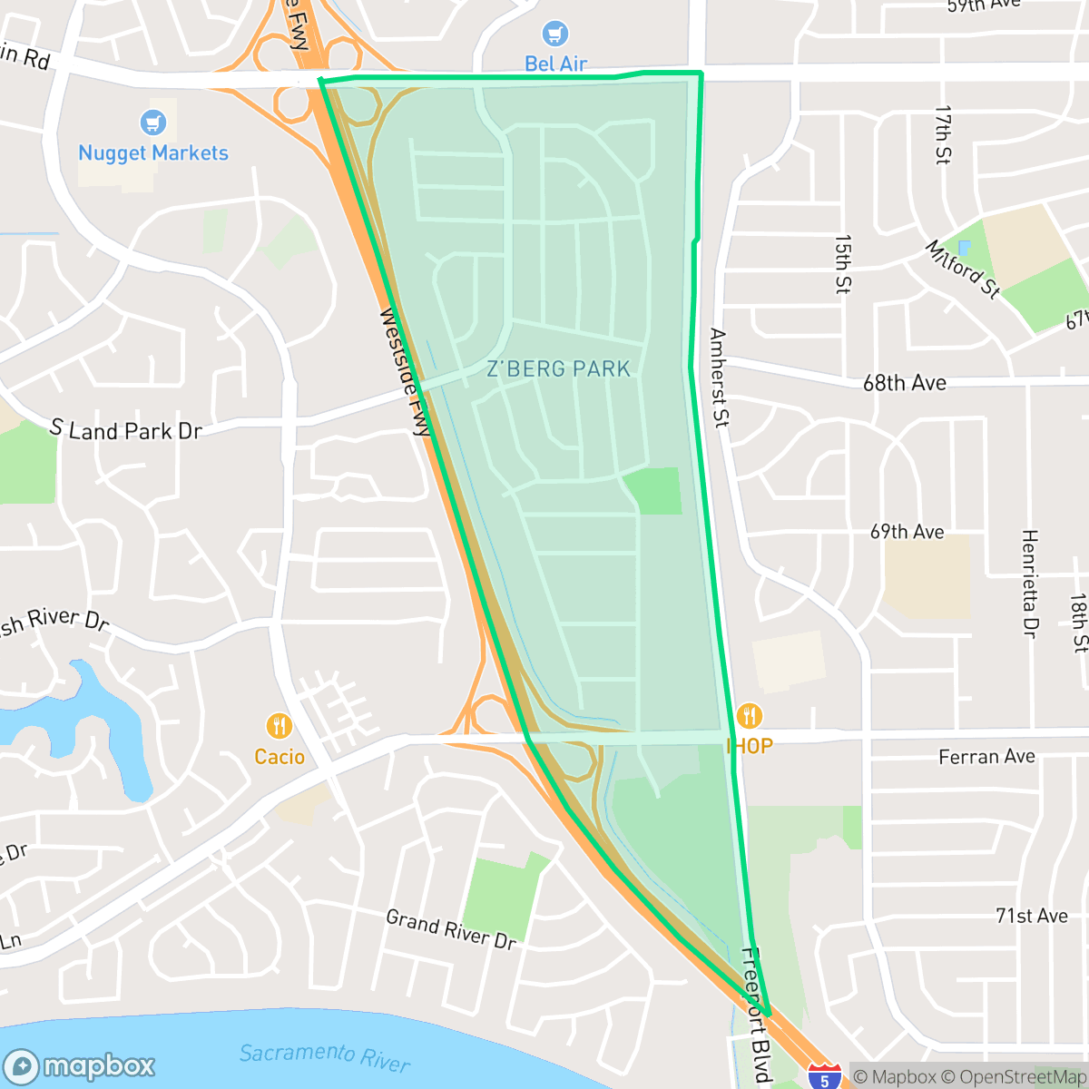 Map showing the location of Z'berg Park, Sacramento, CA